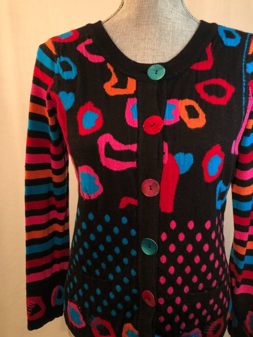 Y2K Abstract Art Teacher Mixed Print Button-Up Cardigan Sweater Size S - Picture 10 of 15